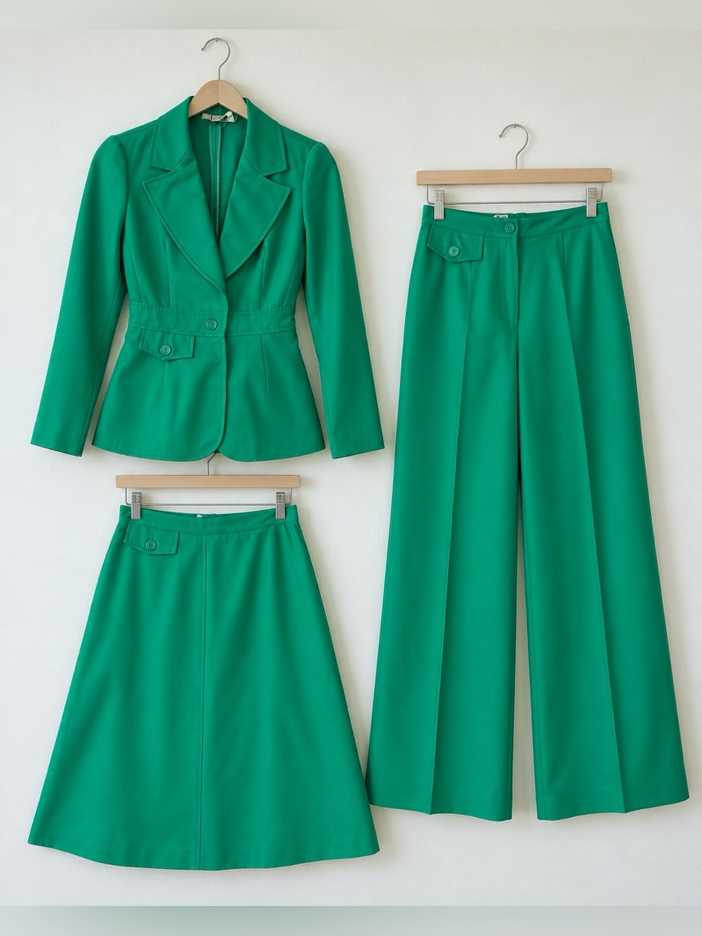 Vintage 1970s Spiegel Green 3 Piece Suit Set Wide Leg Pants Skirt Blazer Small
